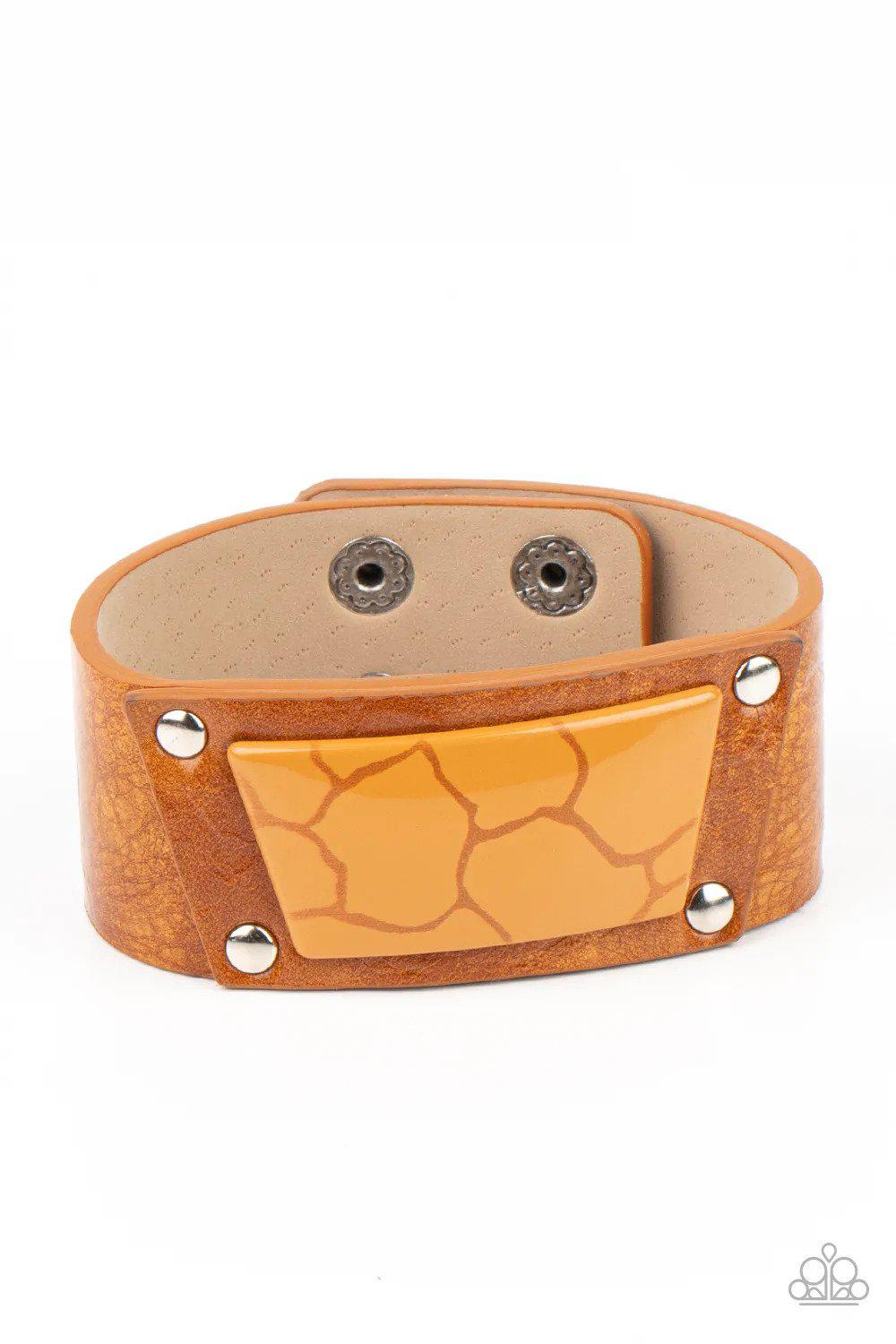Geo Glamper Brown Leather Wrap Bracelet - Paparazzi Accessories- lightbox - CarasShop.com - Paparazzi Jewelry by Cara Jewels