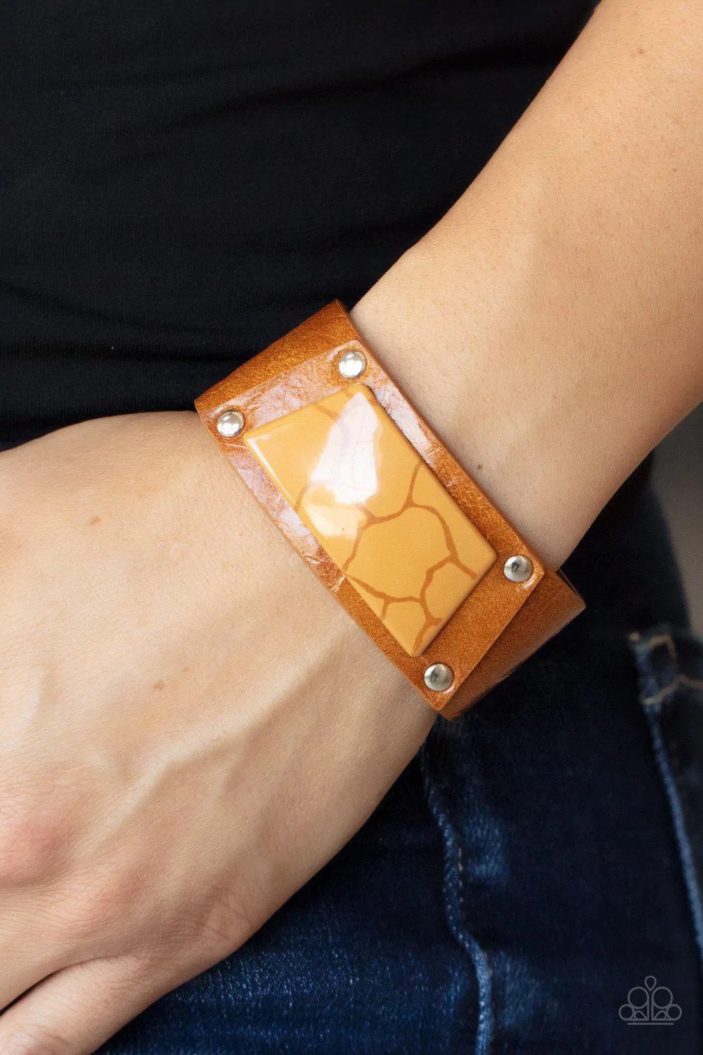 Geo Glamper Brown Leather Wrap Bracelet - Paparazzi Accessories- on model - CarasShop.com - Paparazzi Jewelry by Cara Jewels
