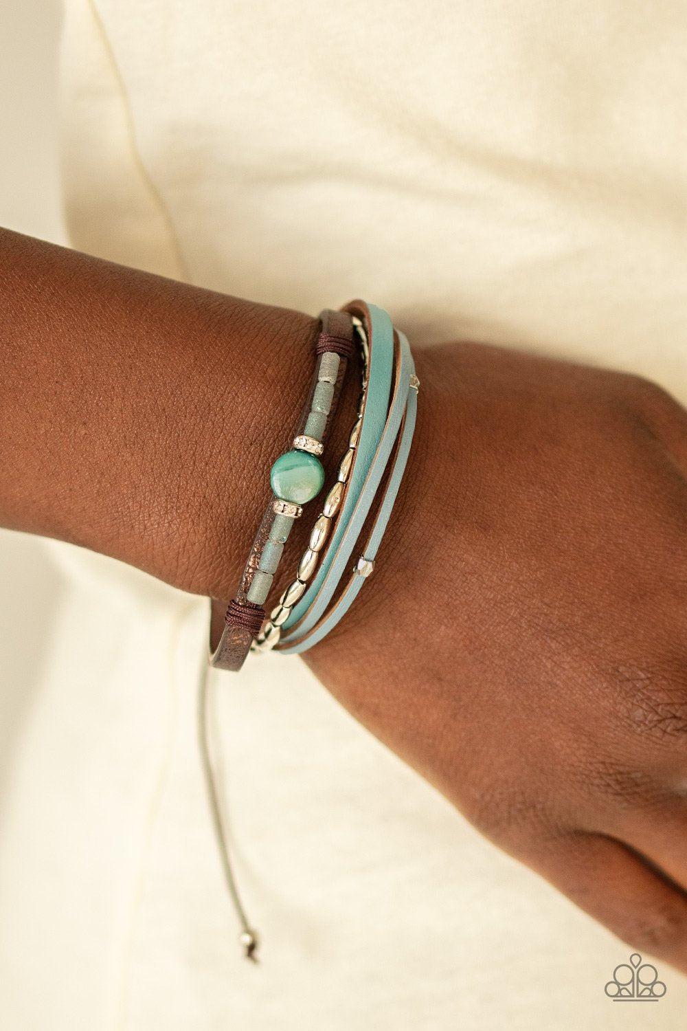 Geo Trek Blue Stone and Leather Urban Knot Bracelet - Paparazzi Accessories- on model - CarasShop.com - Paparazzi Jewelry by Cara Jewels