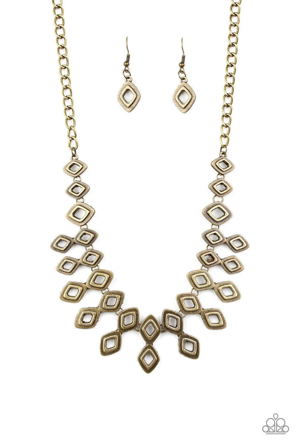 Geocentric Brass Necklace - Paparazzi Accessories- lightbox - CarasShop.com - Paparazzi Jewelry by Cara Jewels