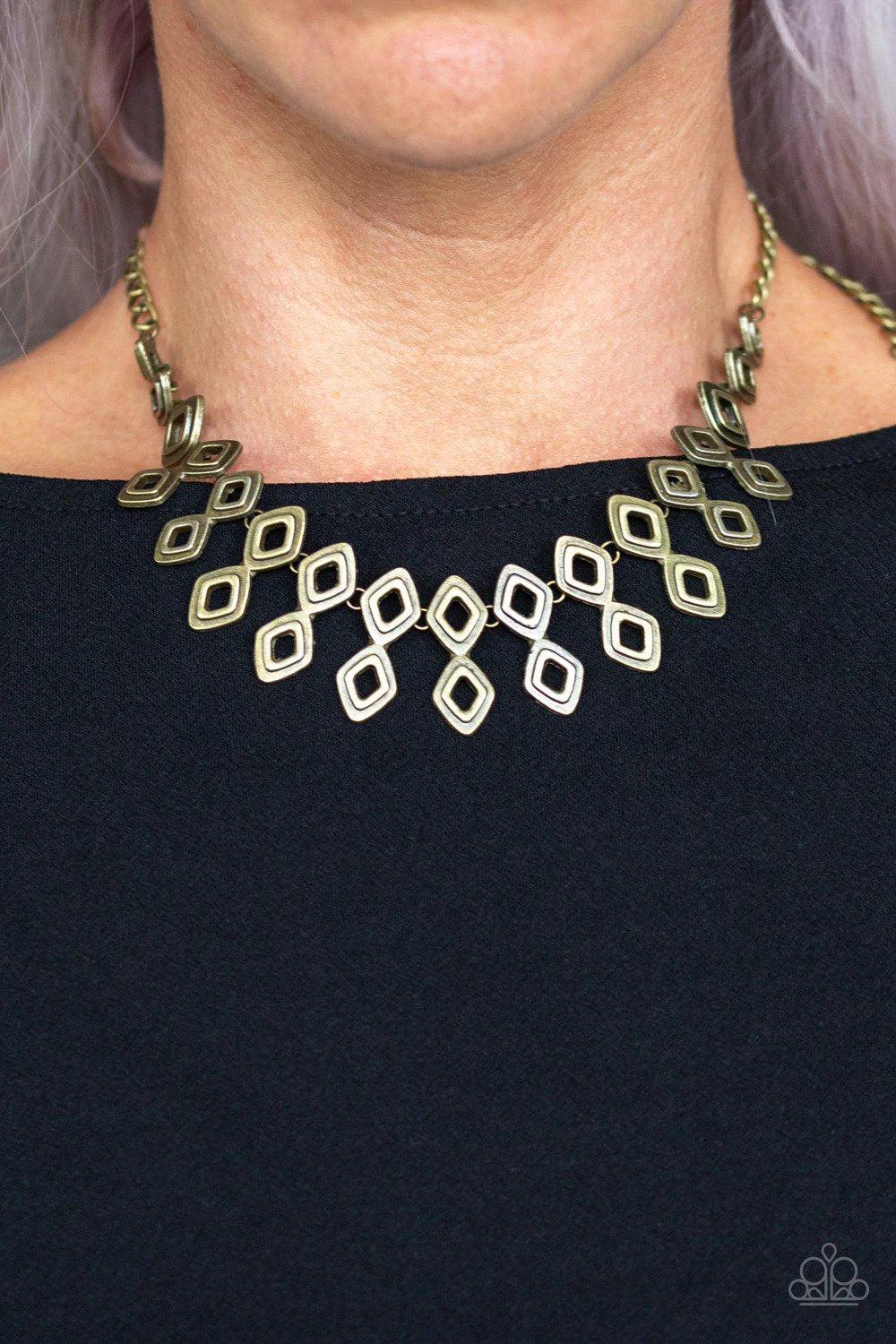 Geocentric Brass Necklace - Paparazzi Accessories- on model - CarasShop.com - Paparazzi Jewelry by Cara Jewels