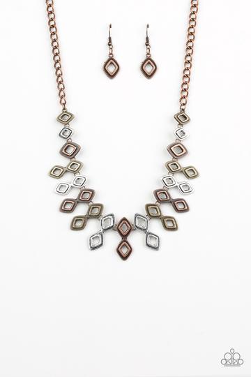 Geocentric Multi Copper, Brass and Silver Necklace - Paparazzi Accessories- lightbox - CarasShop.com - Paparazzi Jewelry by Cara Jewels
