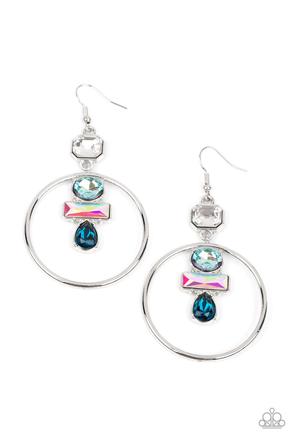 Geometric Glam Blue Iridescent Rhinestone Earrings - Paparazzi Accessories- lightbox - CarasShop.com - Paparazzi Jewelry by Cara Jewels