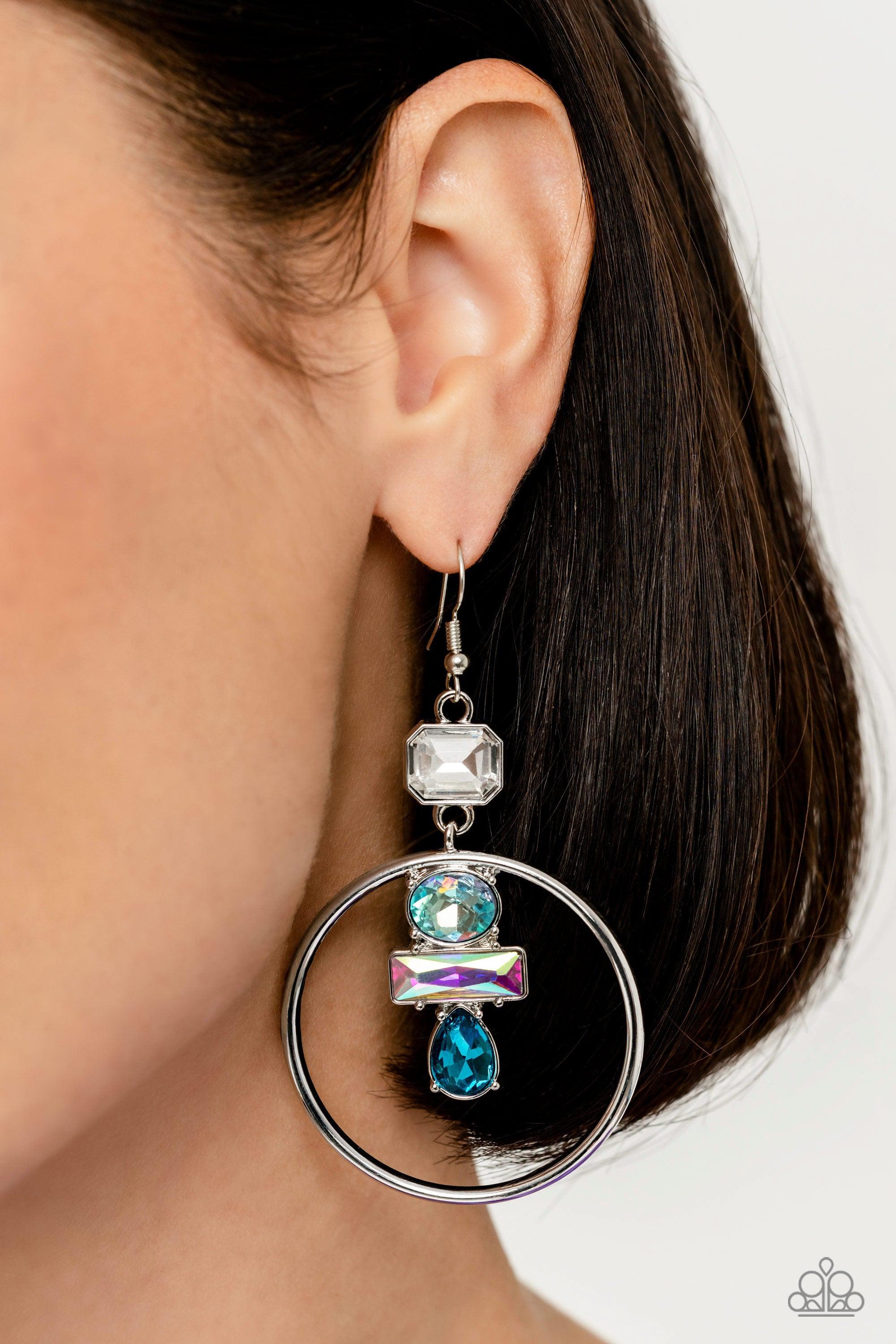 Geometric Glam Blue Iridescent Rhinestone Earrings - Paparazzi Accessories- lightbox - CarasShop.com - Paparazzi Jewelry by Cara Jewels