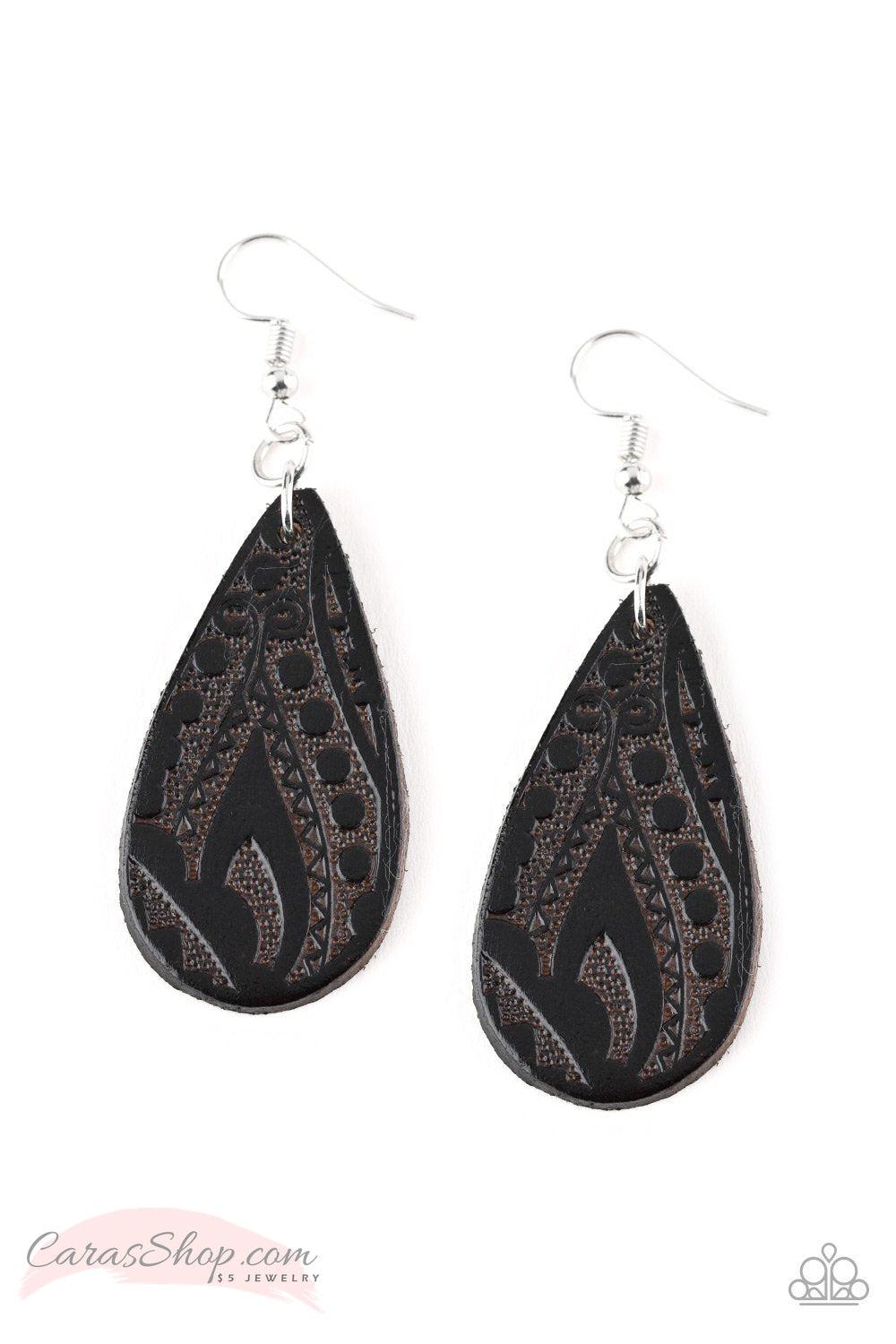 Get In The Groove Black Leather Earrings - Paparazzi Accessories- lightbox - CarasShop.com - Paparazzi Jewelry by Cara Jewels