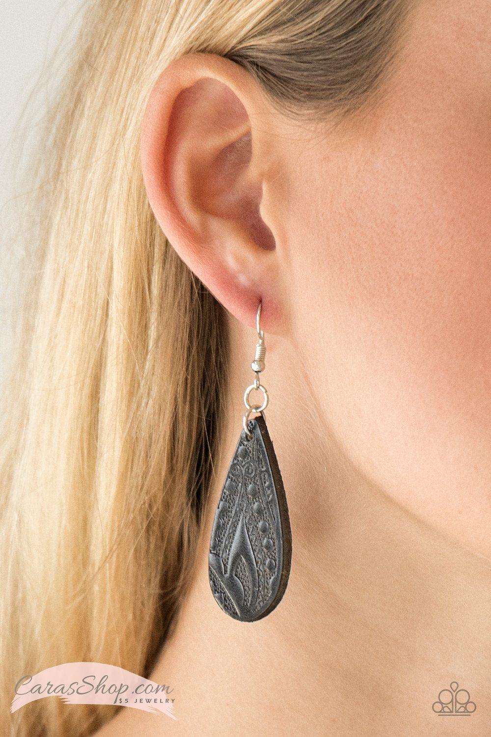 Get In The Groove Black Leather Earrings - Paparazzi Accessories- on model - CarasShop.com - Paparazzi Jewelry by Cara Jewels