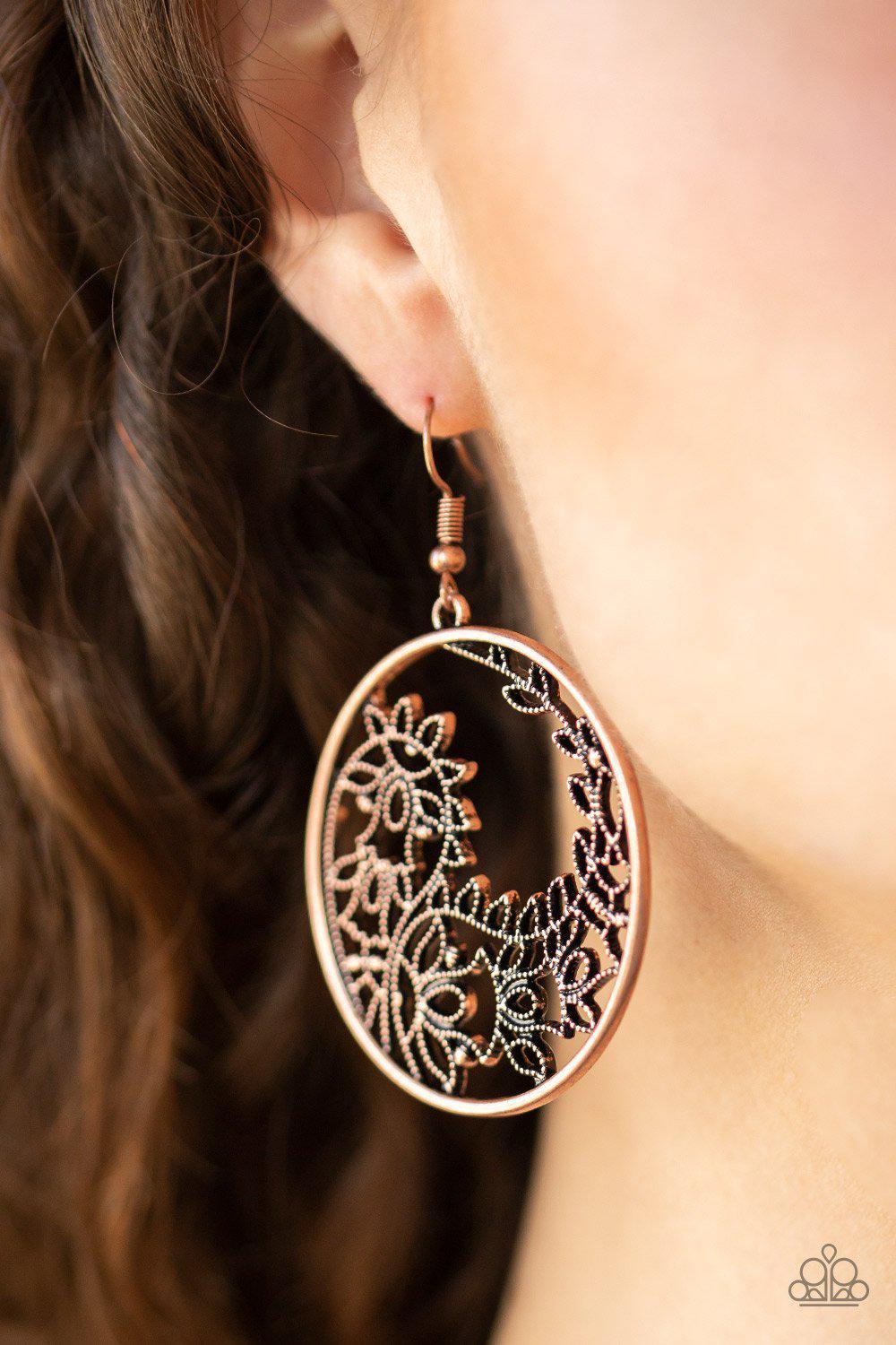 Get Into VINE Copper Filigree Earrings - Paparazzi Accessories- on model - CarasShop.com - Paparazzi Jewelry by Cara Jewels