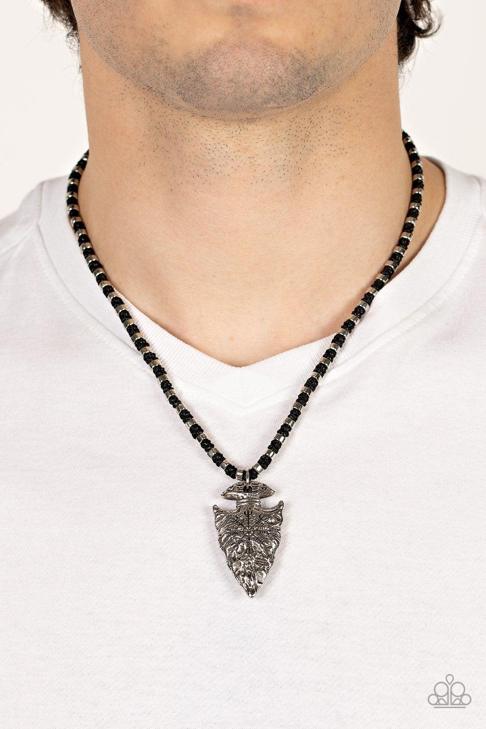 Get Your ARROWHEAD in the Game Black Urban Necklace - Paparazzi Accessories- on model - CarasShop.com - Paparazzi Jewelry by Cara Jewels