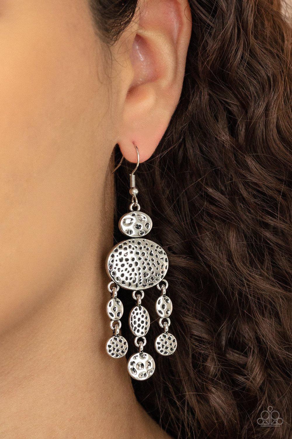 Get Your ARTIFACTS Straight Silver Earrings - Paparazzi Accessories- on model - CarasShop.com - Paparazzi Jewelry by Cara Jewels