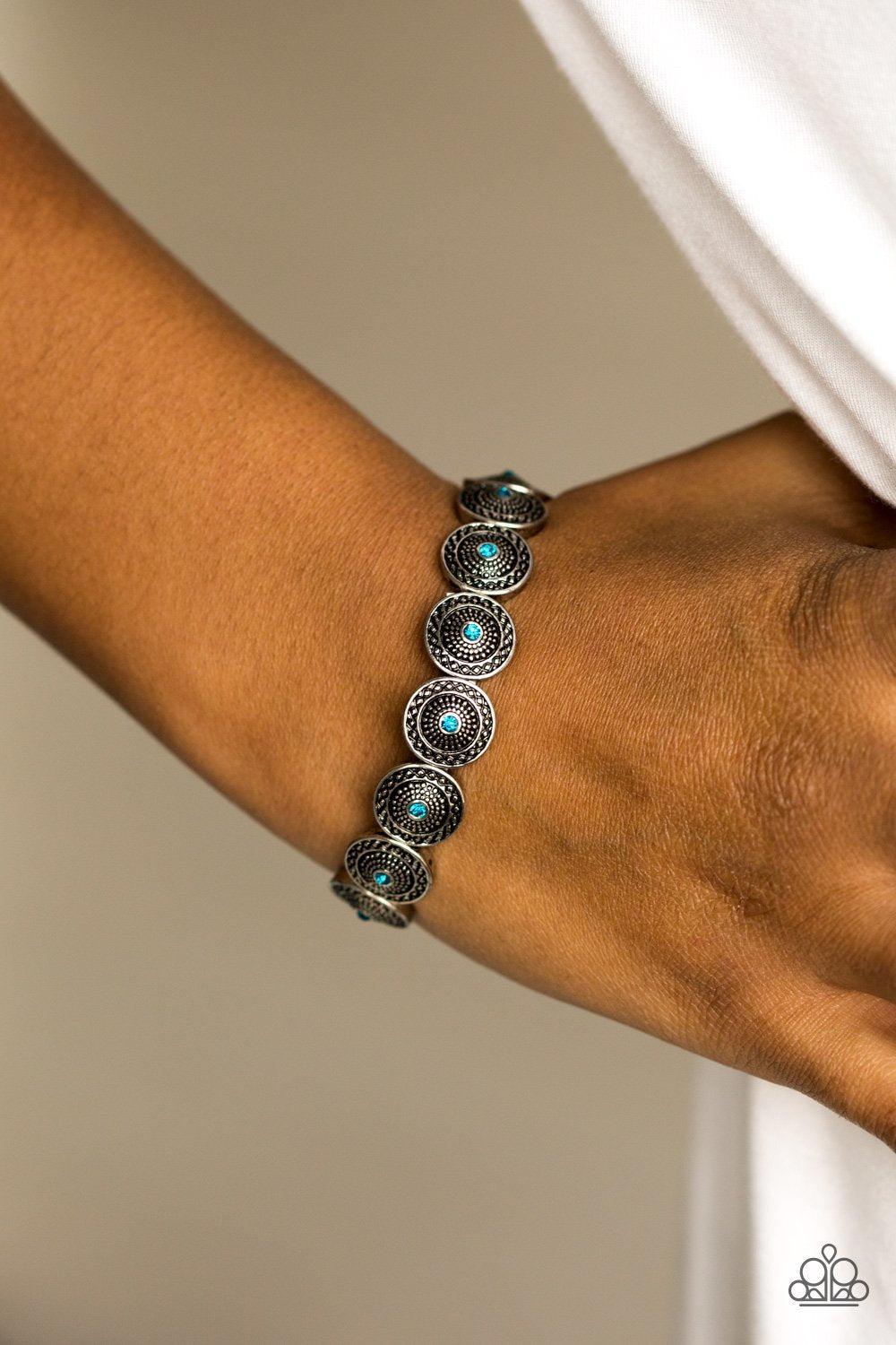 Get Your Shine On Silver and Blue Gem Bracelet - Paparazzi Accessories- on model - CarasShop.com - Paparazzi Jewelry by Cara Jewels