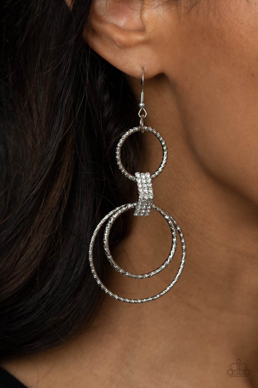 Getting Hitched White Rhinestone Earrings - Paparazzi Accessories- on model - CarasShop.com - Paparazzi Jewelry by Cara Jewels