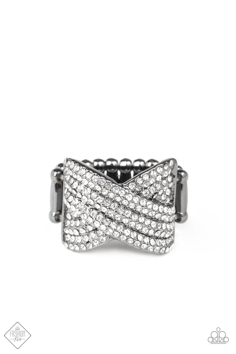 Girl Boss Glitter Gunmetal and White Rhinestone Ring - Paparazzi Accessories- lightbox - CarasShop.com - Paparazzi Jewelry by Cara Jewels