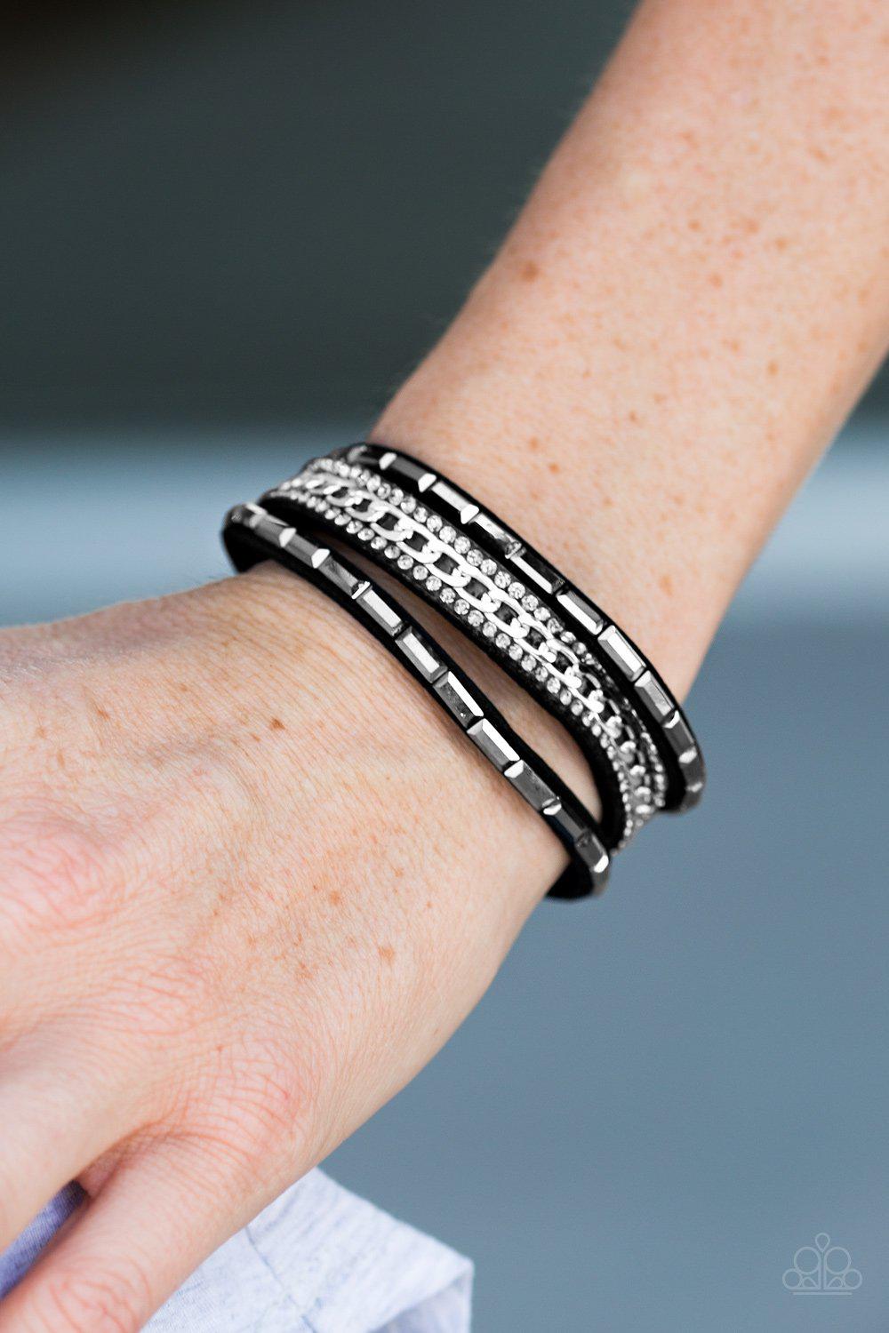 Girl Hustle Black and Silver Urban Wrap Snap Bracelet - Paparazzi Accessories- on model - CarasShop.com - Paparazzi Jewelry by Cara Jewels