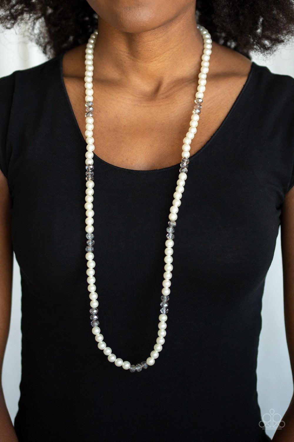 Girls Have More FUNDS White Pearl Necklace - Paparazzi Accessories- on model - CarasShop.com - Paparazzi Jewelry by Cara Jewels