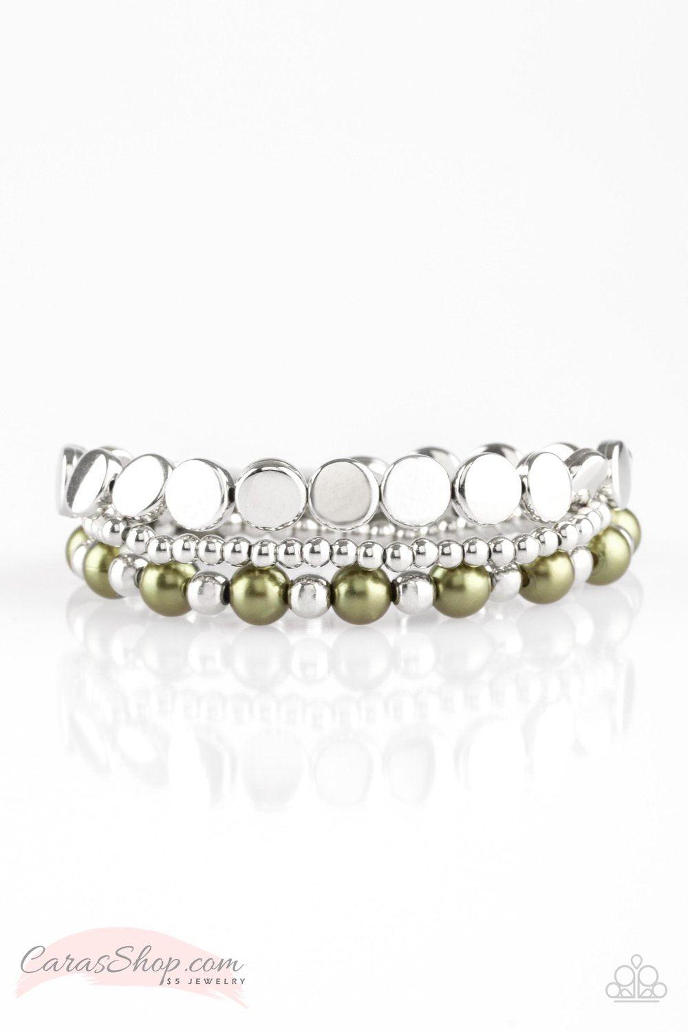 Girly Girl Glamour Green and Silver Stretch Bracelet Set - Paparazzi Accessories- lightbox - CarasShop.com - Paparazzi Jewelry by Cara Jewels