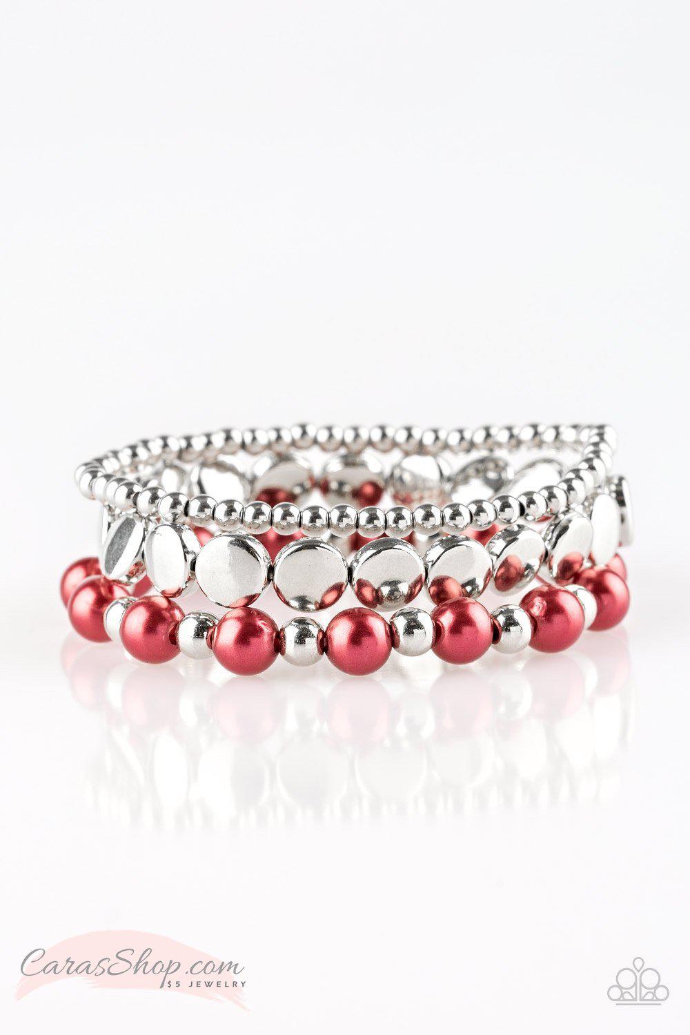 Girly Girl Glamour Red and Silver Stretch Bracelet Set - Paparazzi Accessories- lightbox - CarasShop.com - Paparazzi Jewelry by Cara Jewels