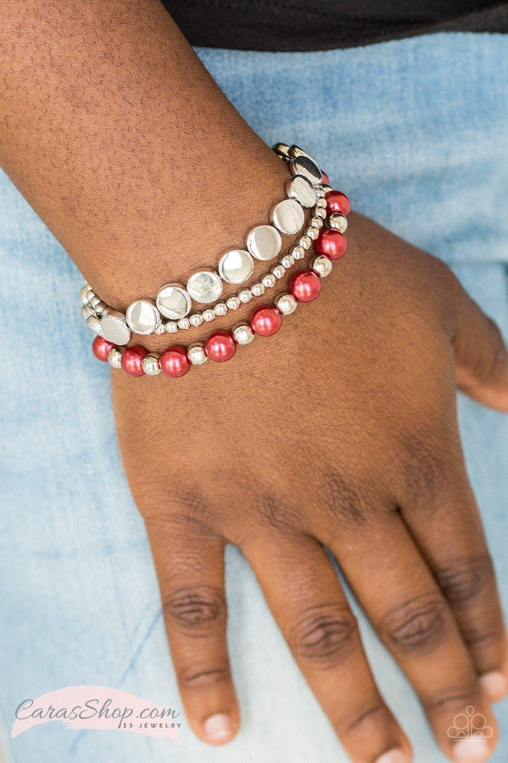 Girly Girl Glamour Red and Silver Stretch Bracelet Set - Paparazzi Accessories- lightbox - CarasShop.com - Paparazzi Jewelry by Cara Jewels