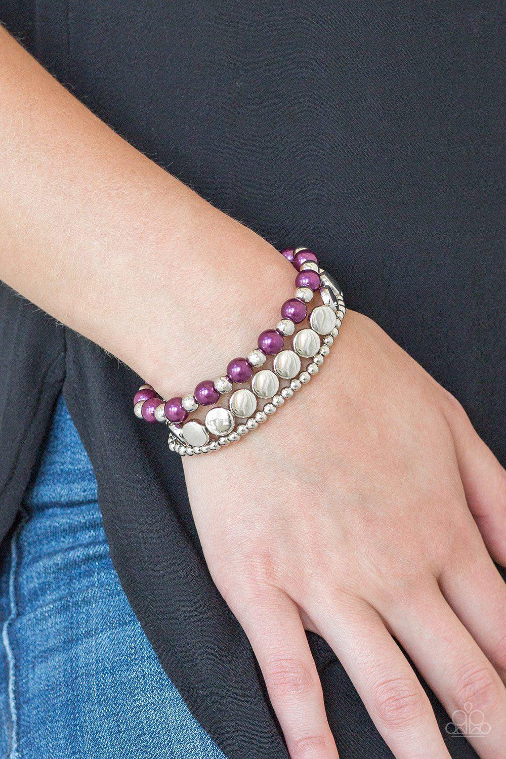 Girly Girl Glamour Silver and Purple Bracelet Set - Paparazzi Accessories- on model - CarasShop.com - Paparazzi Jewelry by Cara Jewels
