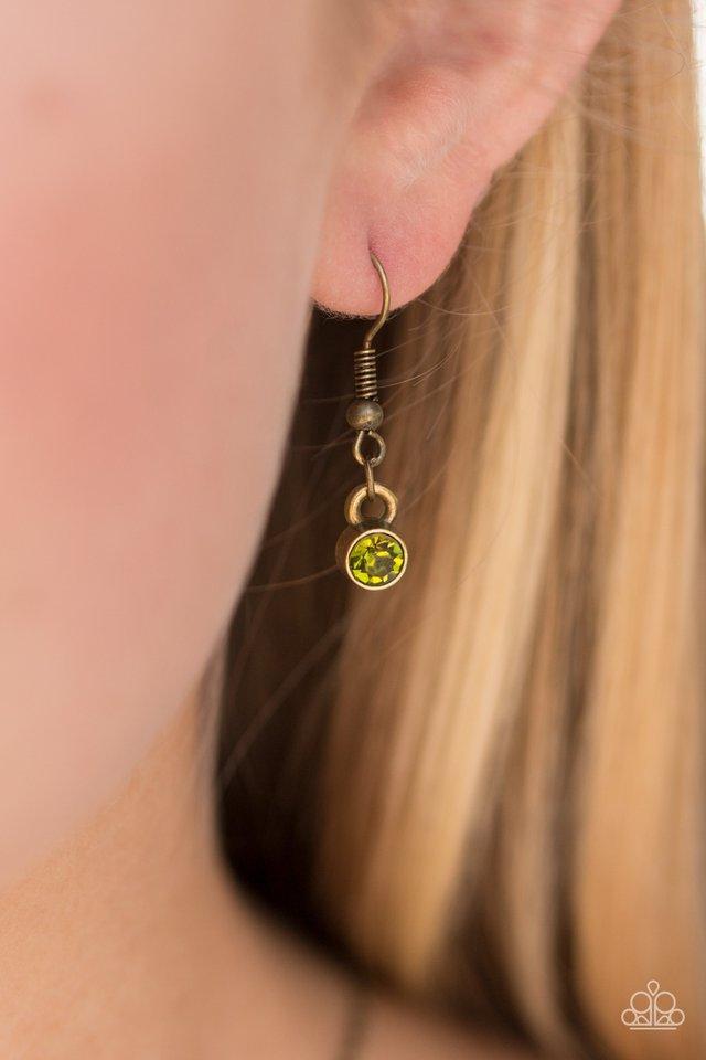 Give Me Some Glitter Green Rhinestone and Brass Necklace - Paparazzi Accessories - free matching earrings -CarasShop.com - Paparazzi Jewelry by Cara Jewels