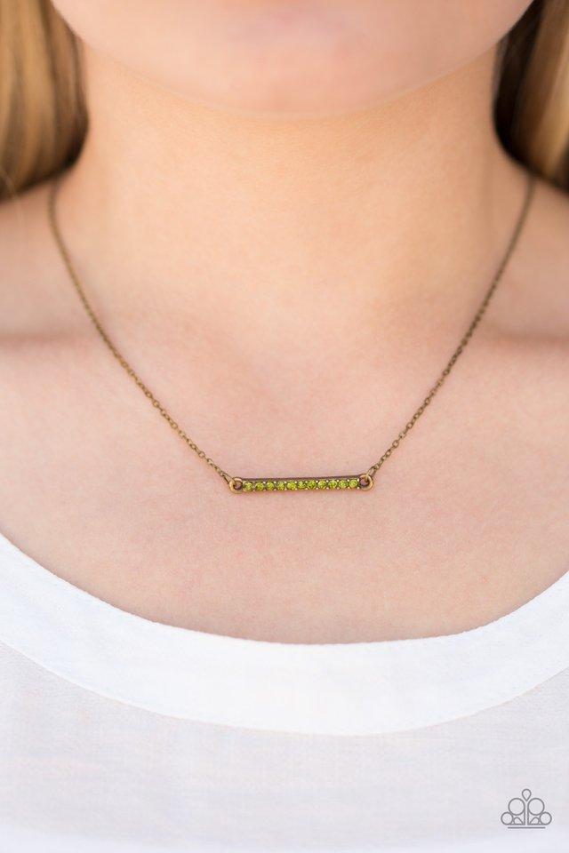 Give Me Some Glitter Green Rhinestone and Brass Necklace - Paparazzi Accessories- on model - CarasShop.com - Paparazzi Jewelry by Cara Jewels