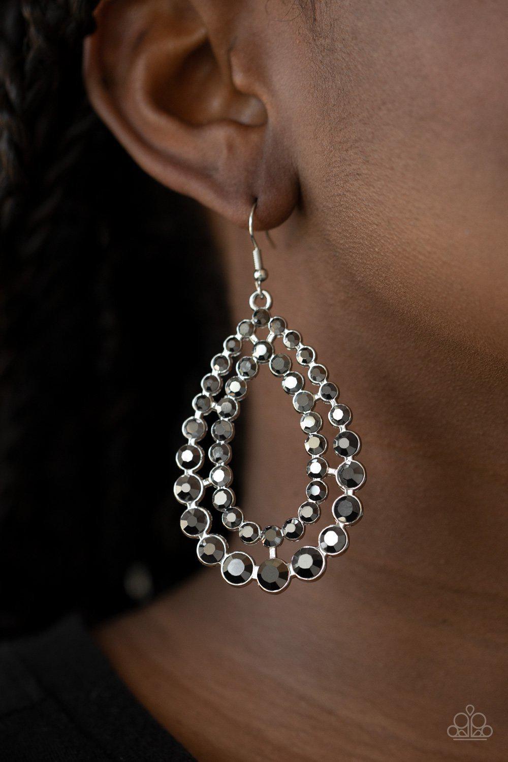Glacial Glaze Silver Hematite Rhinestone Teardrop Earrings - Paparazzi Accessories- on model - CarasShop.com - Paparazzi Jewelry by Cara Jewels