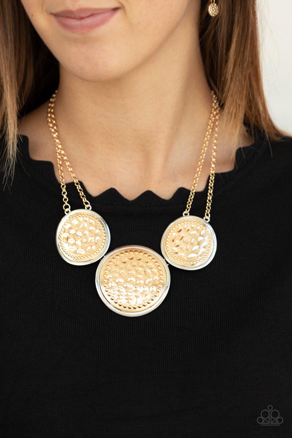 Gladiator Glam Gold and Silver Necklace - Paparazzi Accessories- on model - CarasShop.com - Paparazzi Jewelry by Cara Jewels