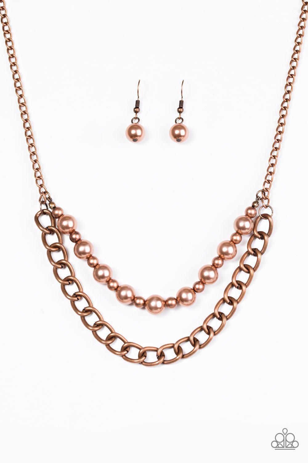 Glam and Grind Copper Pearl and Chain Necklace - Paparazzi Accessories- lightbox - CarasShop.com - Paparazzi Jewelry by Cara Jewels