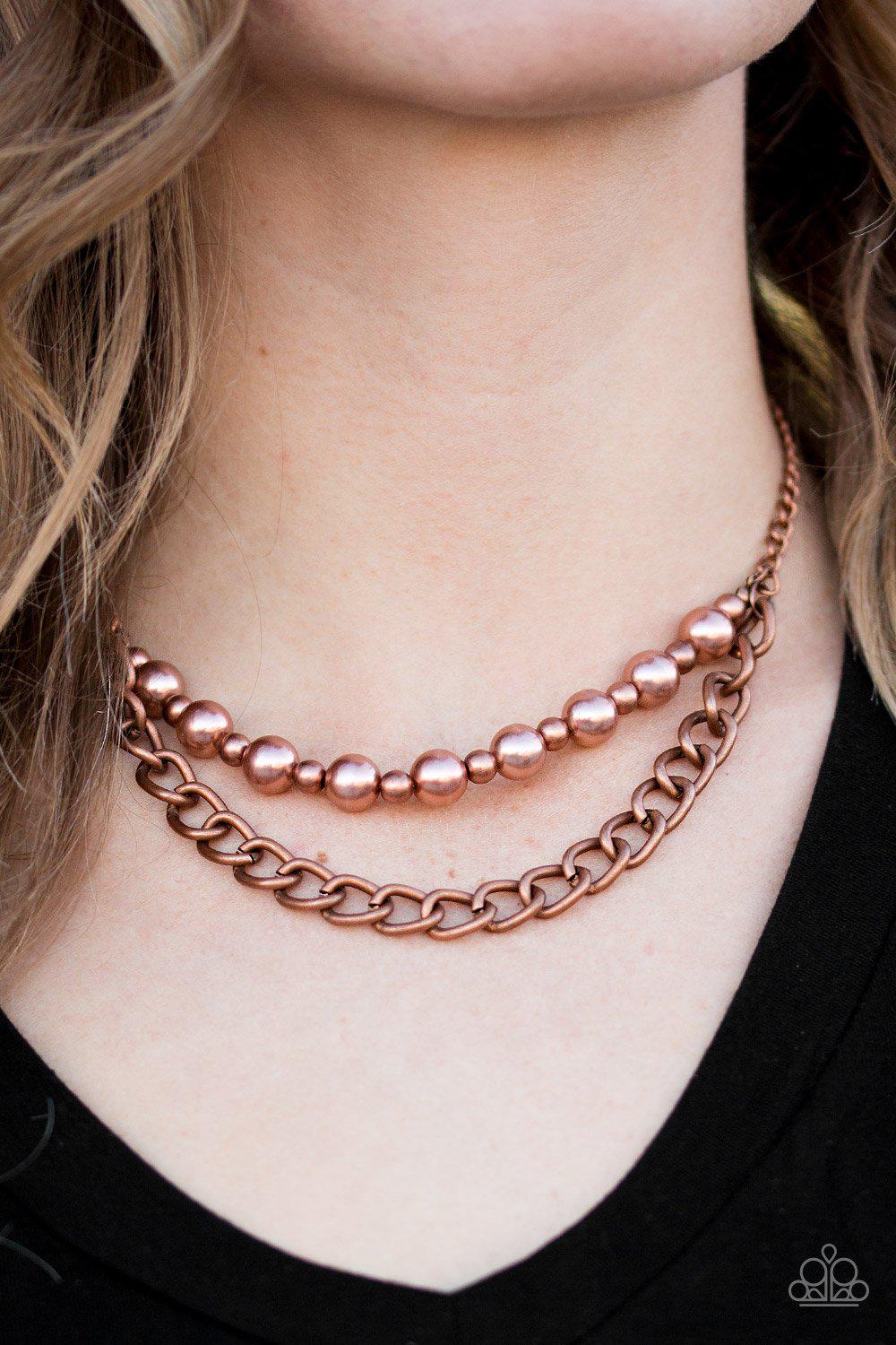 Glam and Grind Copper Pearl and Chain Necklace - Paparazzi Accessories- on model - CarasShop.com - Paparazzi Jewelry by Cara Jewels