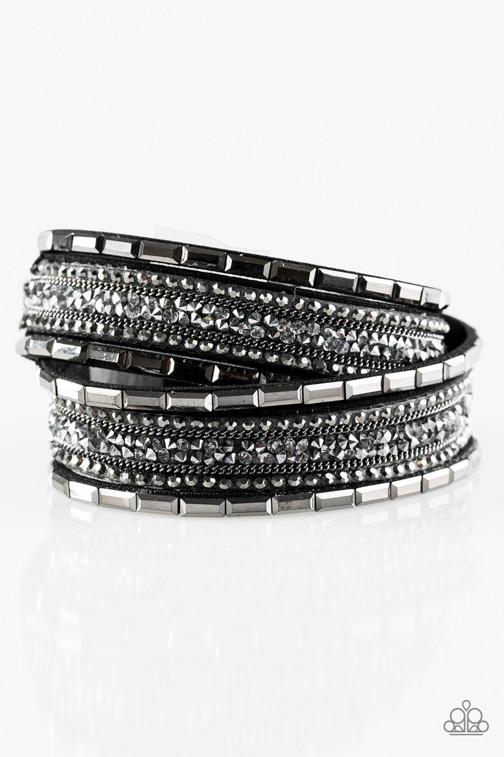 Glam Goals Black and Hematite Rhinestone Double-wrap Snap Bracelet - Paparazzi Accessories- lightbox - CarasShop.com - Paparazzi Jewelry by Cara Jewels