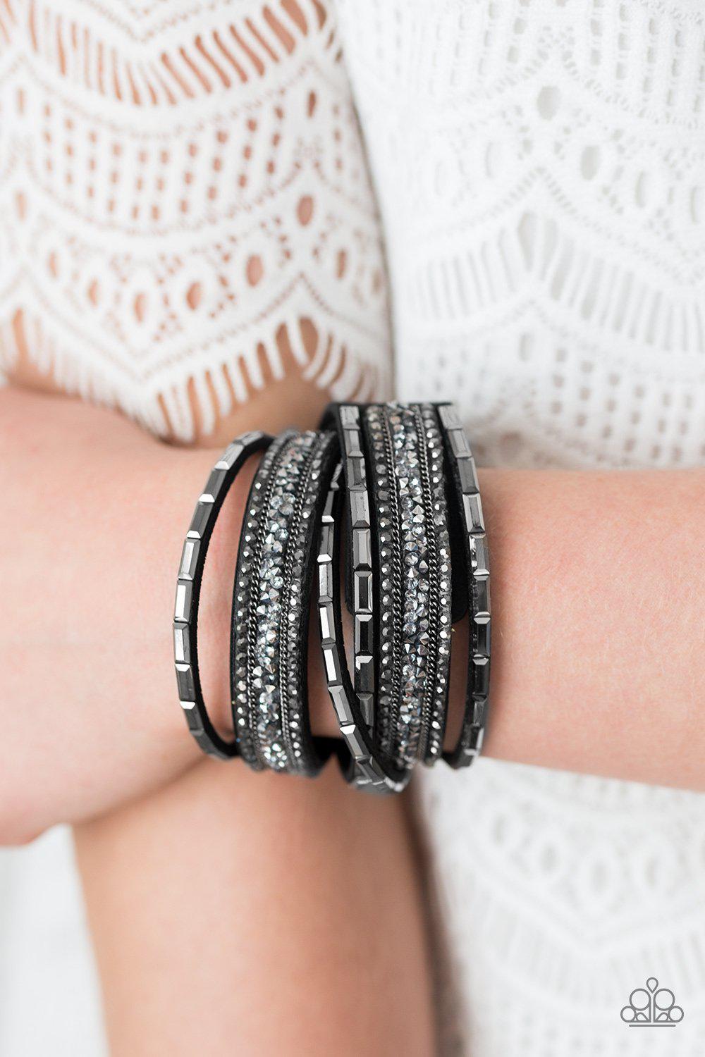 Glam Goals Black and Hematite Rhinestone Double-wrap Snap Bracelet - Paparazzi Accessories- on model - CarasShop.com - Paparazzi Jewelry by Cara Jewels