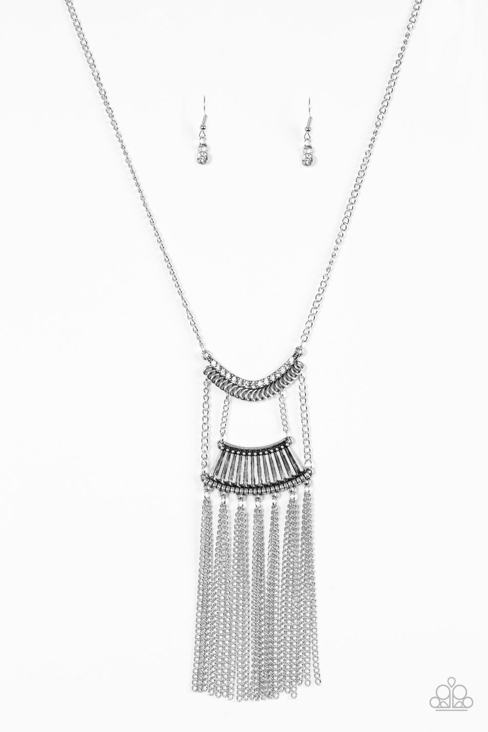 Glam Goddess Long Silver and White Necklace - Paparazzi Accessories- lightbox - CarasShop.com - Paparazzi Jewelry by Cara Jewels