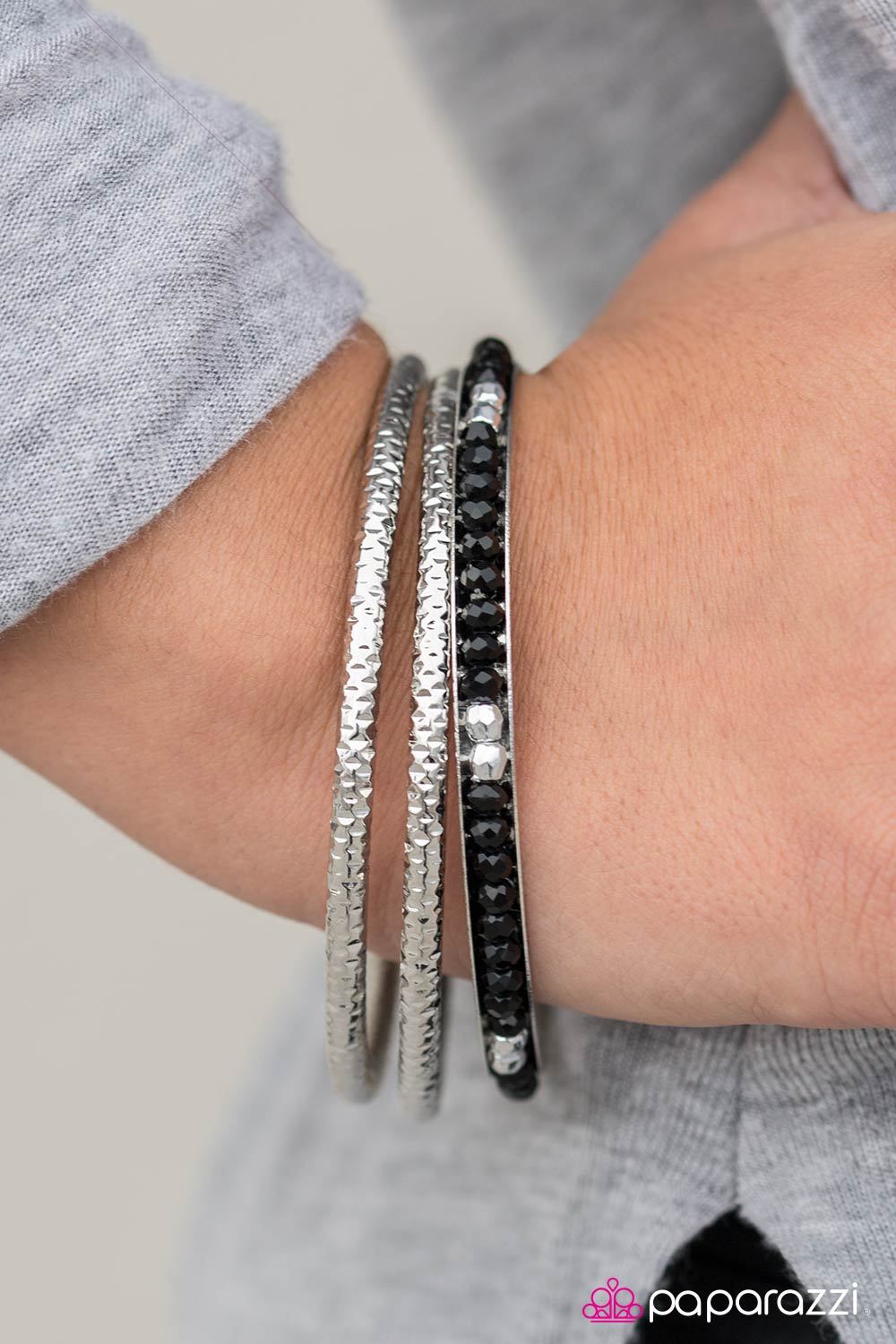 GLAM On! Black and Silver Bangle Bracelet Set - Paparazzi Accessories- on model - CarasShop.com - Paparazzi Jewelry by Cara Jewels