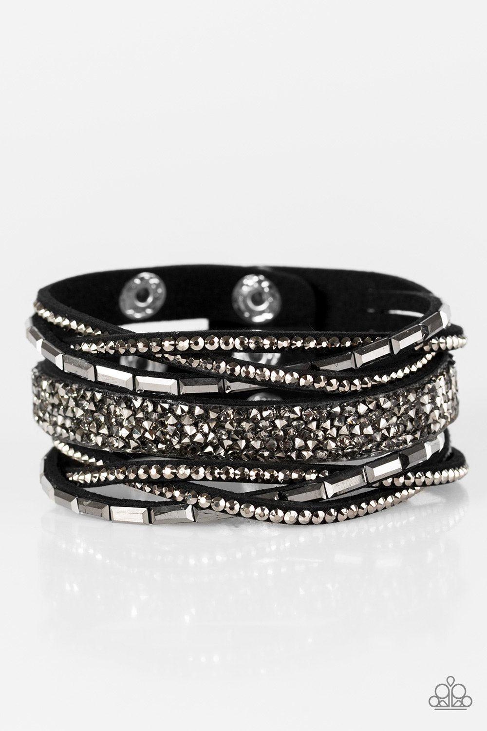 Glam Vibes Black and Hematite Rhinestone Urban Wrap Snap Bracelet - Paparazzi Accessories- lightbox - CarasShop.com - Paparazzi Jewelry by Cara Jewels