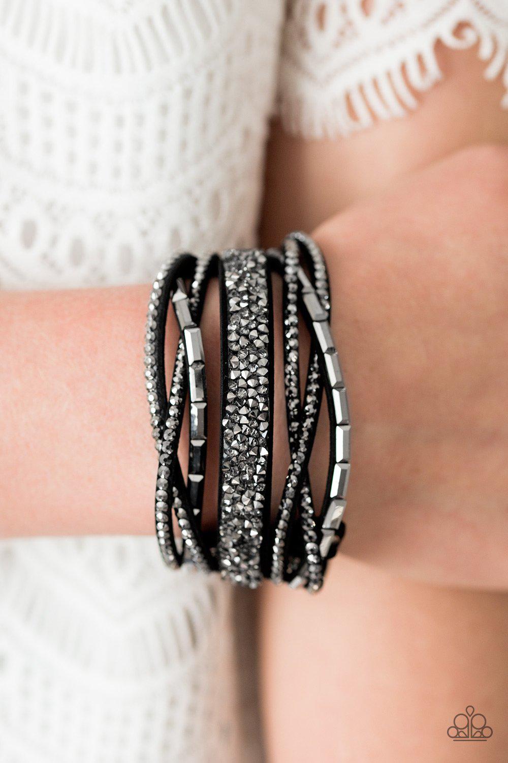 Glam Vibes Black and Hematite Rhinestone Urban Wrap Snap Bracelet - Paparazzi Accessories- on model - CarasShop.com - Paparazzi Jewelry by Cara Jewels