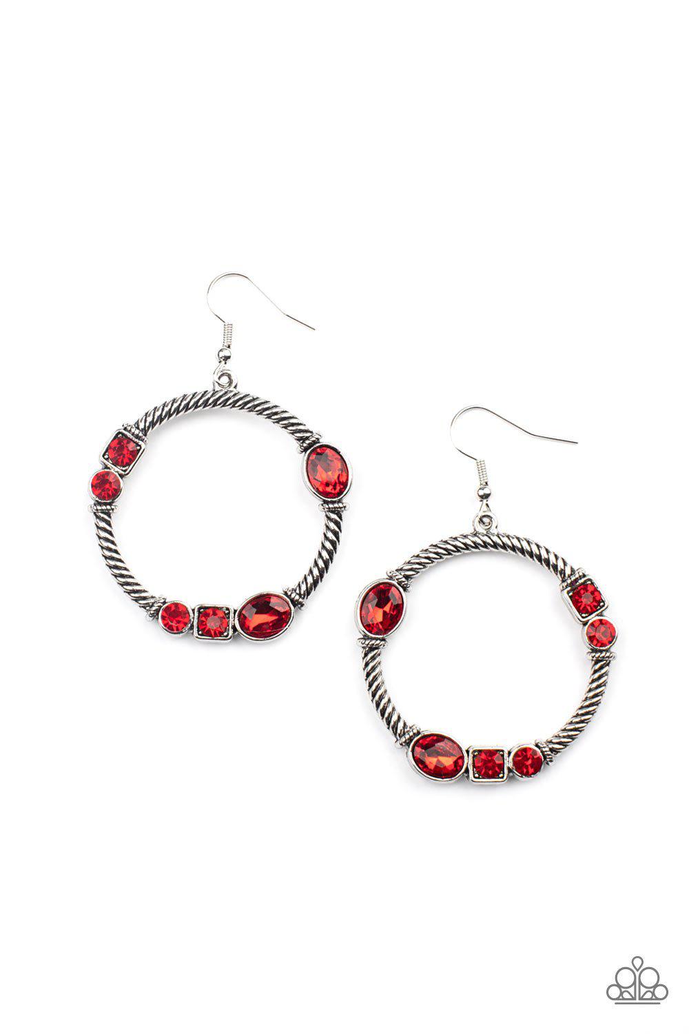 Glamorous Garland Red Rhinestone and Silver Earrings - Paparazzi Accessories- lightbox - CarasShop.com - Paparazzi Jewelry by Cara Jewels
