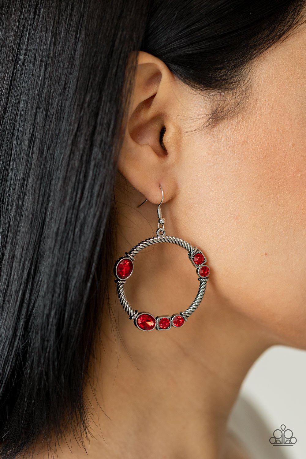 Glamorous Garland Red Rhinestone and Silver Earrings - Paparazzi Accessories- lightbox - CarasShop.com - Paparazzi Jewelry by Cara Jewels