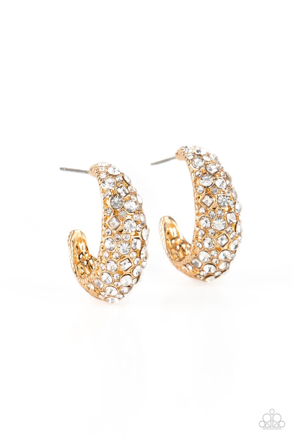 Glamorously Glimmering Gold & White Rhinestone Hoop Earrings - Paparazzi Accessories- lightbox - CarasShop.com - Paparazzi Jewelry by Cara Jewels