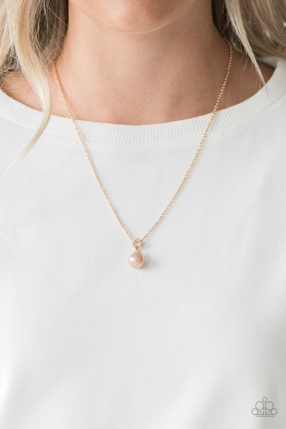 Glamour Girl Brown Pearl and Gold Necklace - Paparazzi Accessories- on model - CarasShop.com - Paparazzi Jewelry by Cara Jewels