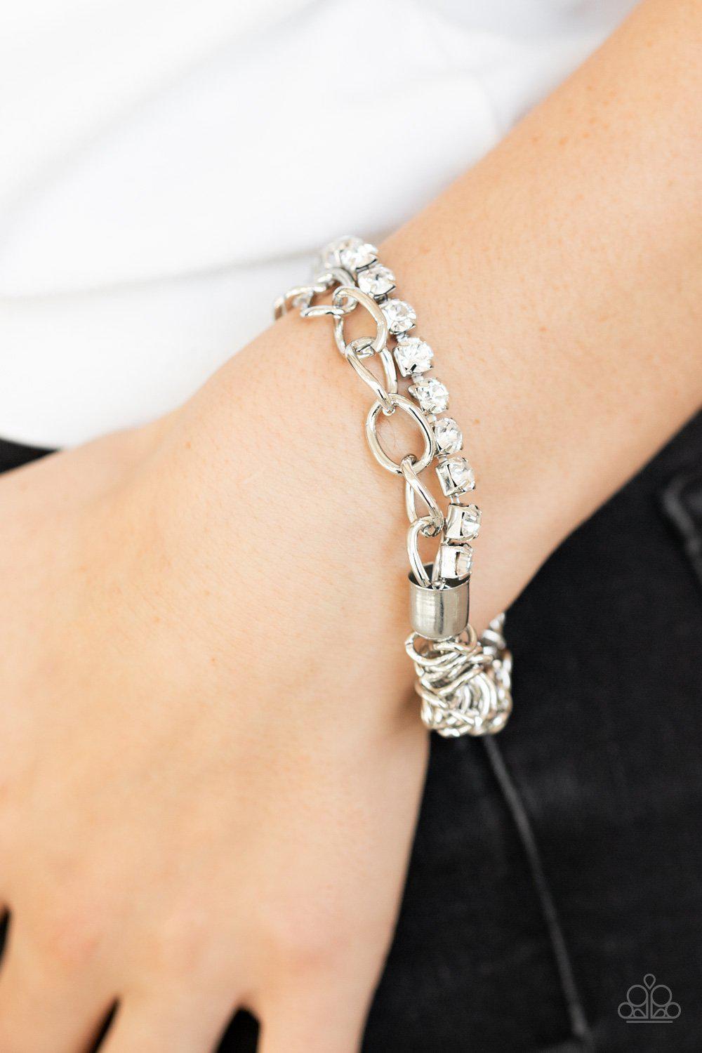 Glamour Grid White Rhinestone and Silver Chain Bracelet - Paparazzi Accessories- on model - CarasShop.com - Paparazzi Jewelry by Cara Jewels