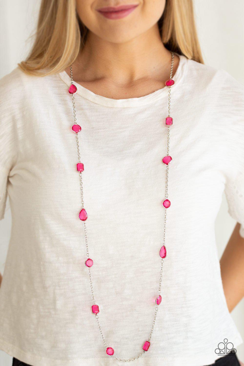 Glassy Glamorous Pink and Silver Necklace - Paparazzi Accessories- on model - CarasShop.com - Paparazzi Jewelry by Cara Jewels
