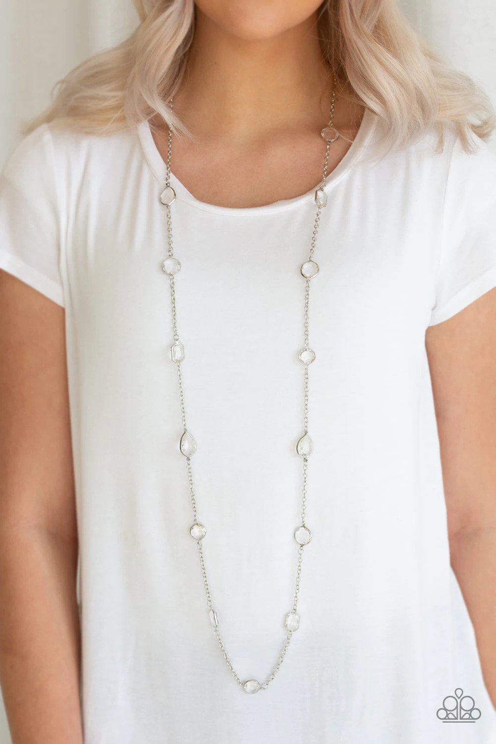 Glassy Glamorous White Necklace - Paparazzi Accessories- on model - CarasShop.com - Paparazzi Jewelry by Cara Jewels