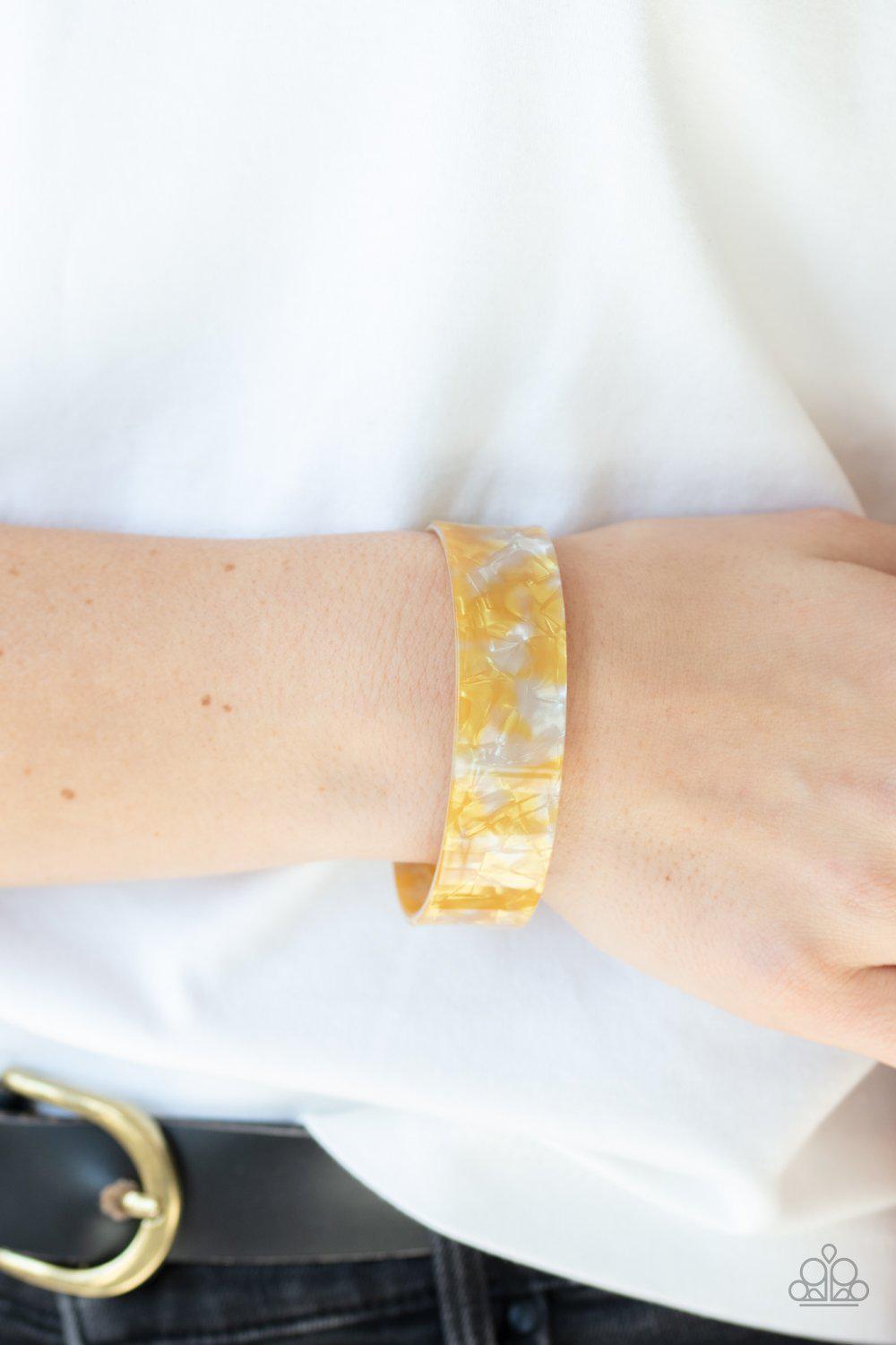 Glaze Daze Yellow Acrylic Cuff Bracelet - Paparazzi Accessories- on model - CarasShop.com - Paparazzi Jewelry by Cara Jewels