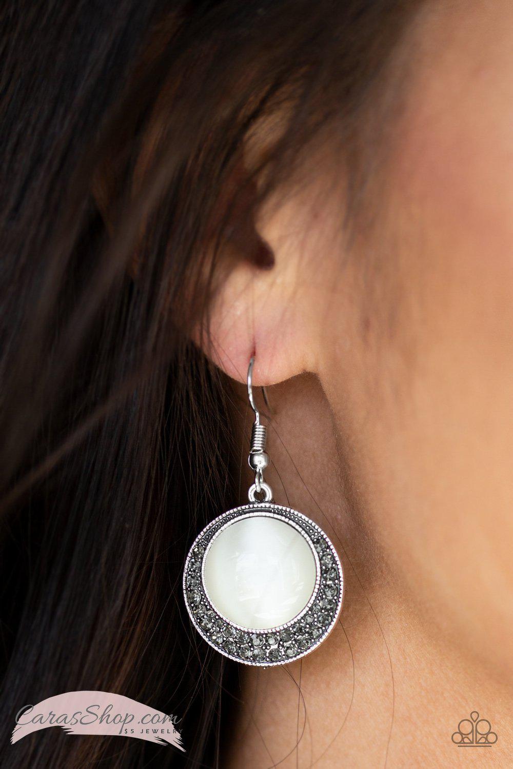 Gleam Away White Moonstone Earrings - Paparazzi Accessories- on model - CarasShop.com - Paparazzi Jewelry by Cara Jewels