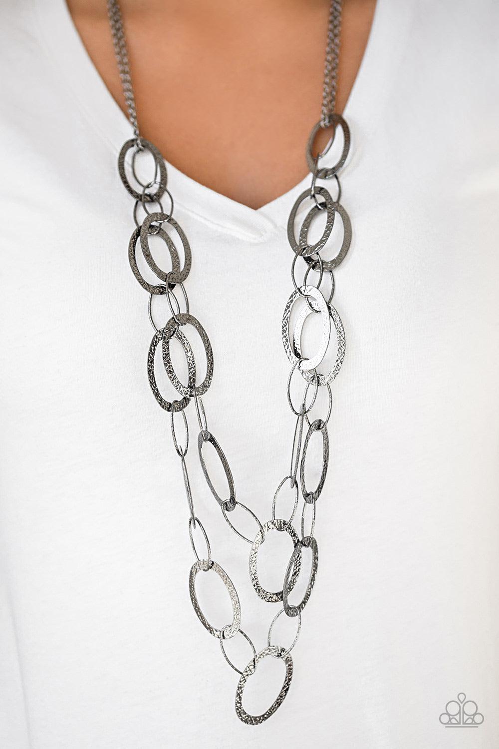 Glimmer Goals Gunmetal Black Necklace - Paparazzi Accessories- on model - CarasShop.com - Paparazzi Jewelry by Cara Jewels