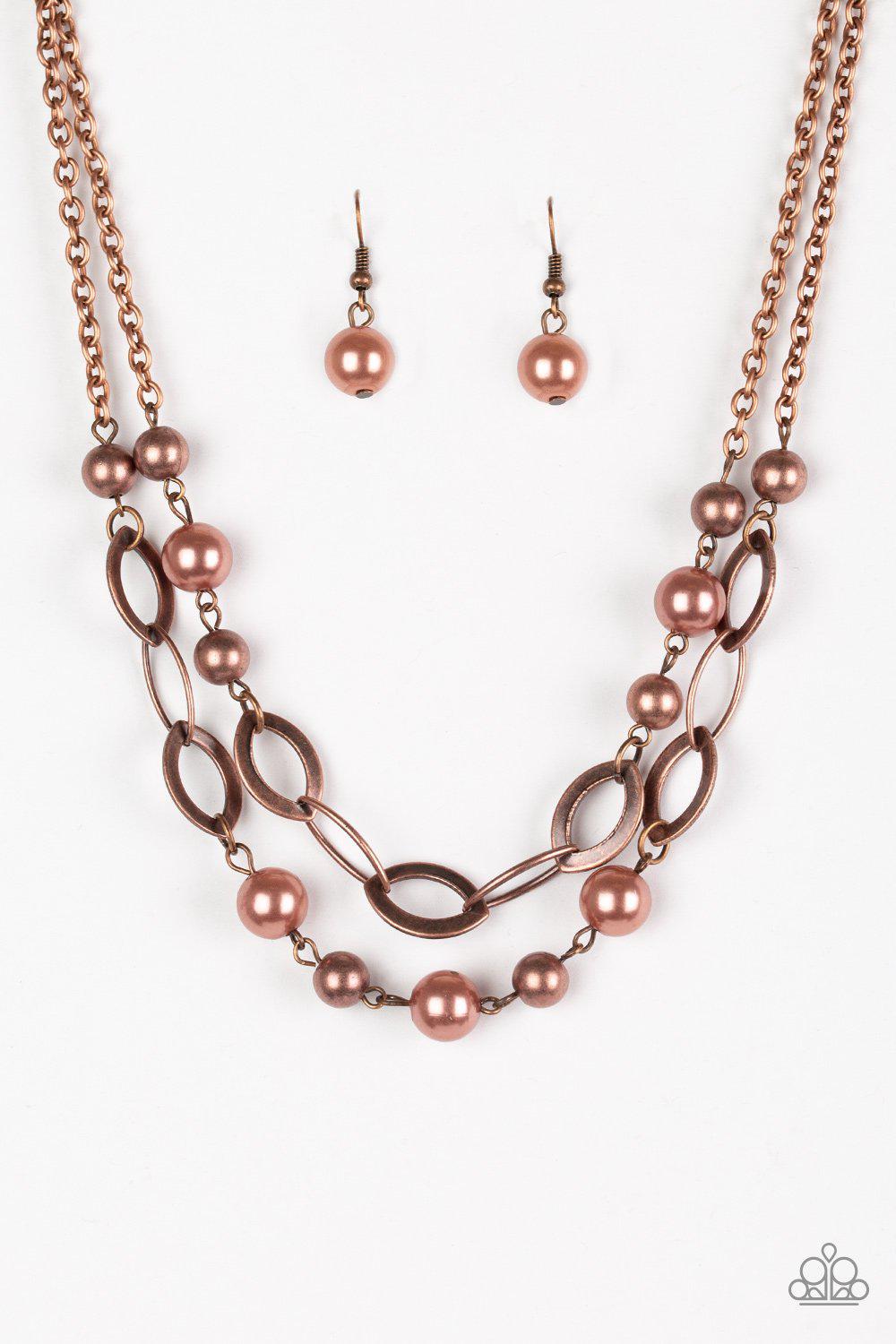 GLIMMER Takes All Copper Pearl and Chain Necklace - Paparazzi Accessories- lightbox - CarasShop.com - Paparazzi Jewelry by Cara Jewels