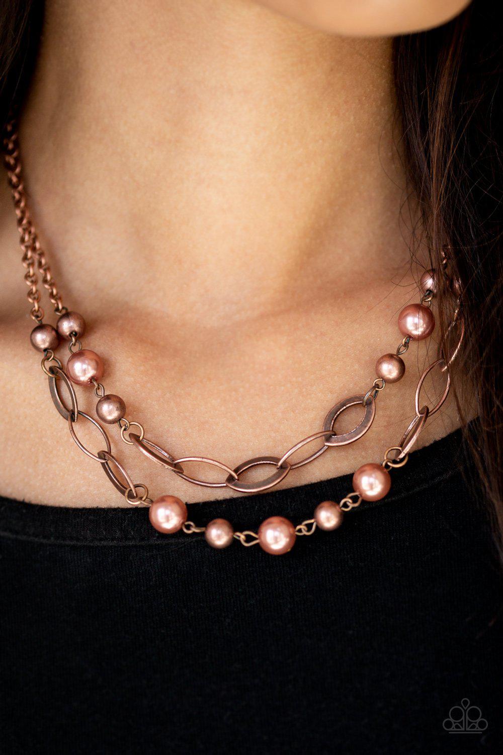 GLIMMER Takes All Copper Pearl and Chain Necklace - Paparazzi Accessories- on model - CarasShop.com - Paparazzi Jewelry by Cara Jewels