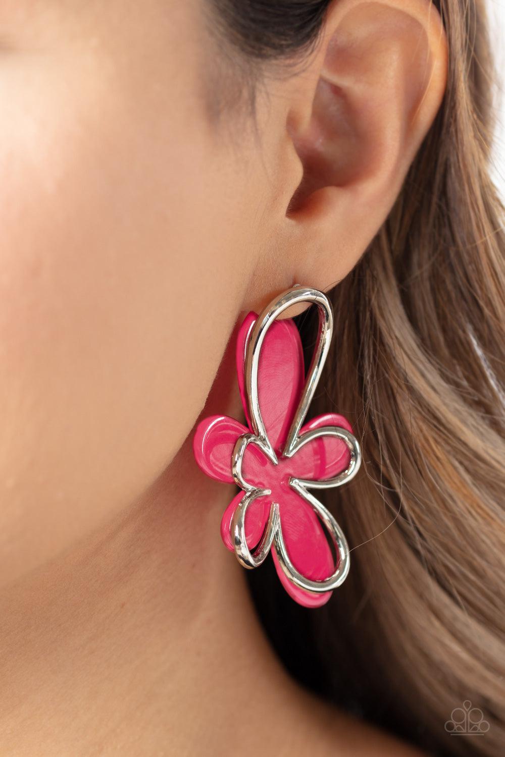 Glimmering Gardens Pink Flower Earrings - Paparazzi Accessories- on model - CarasShop.com - Paparazzi Jewelry by Cara Jewels