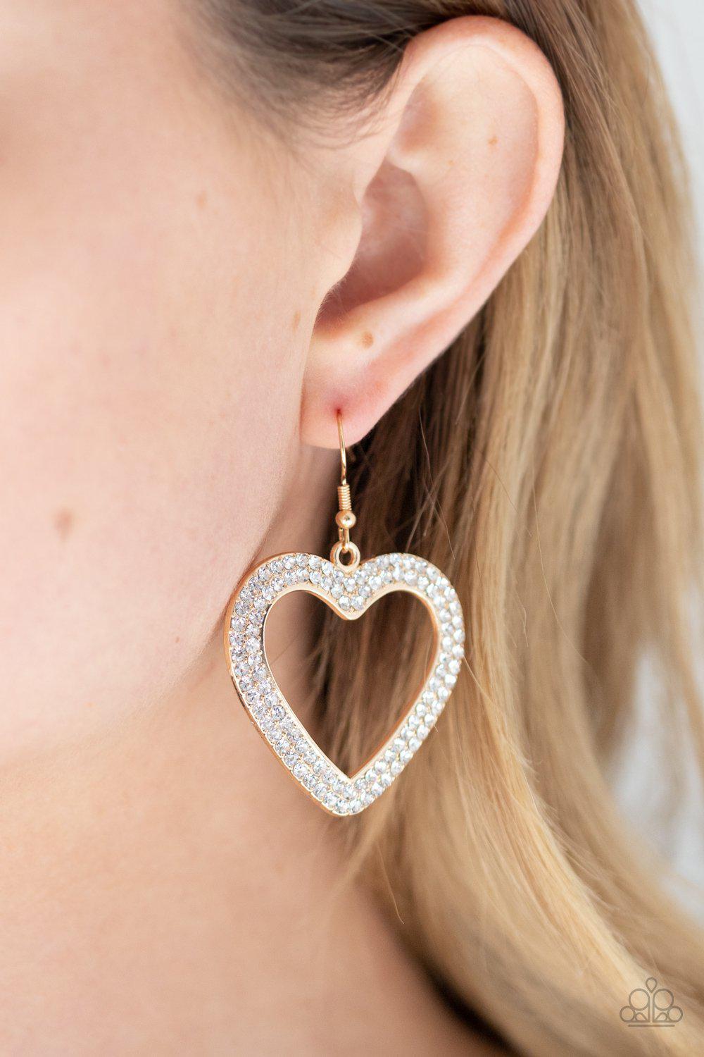 GLISTEN To Your Heart Gold and White Rhinestone Heart Earrings - Paparazzi Accessories- lightbox - CarasShop.com - Paparazzi Jewelry by Cara Jewels