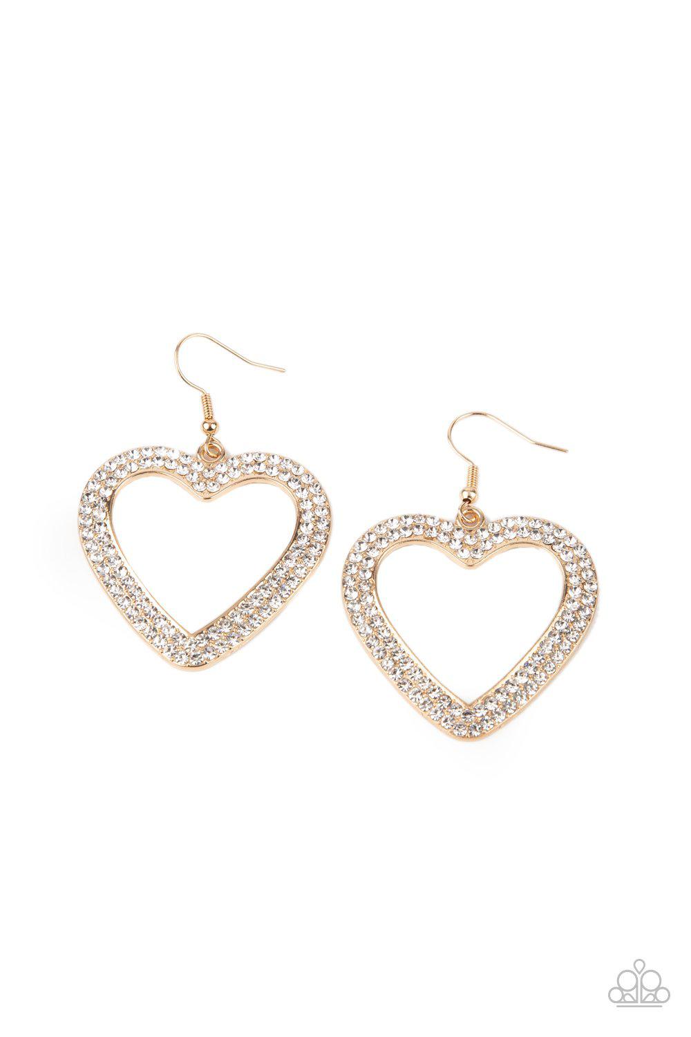 GLISTEN To Your Heart Gold and White Rhinestone Heart Earrings - Paparazzi Accessories- on model - CarasShop.com - Paparazzi Jewelry by Cara Jewels