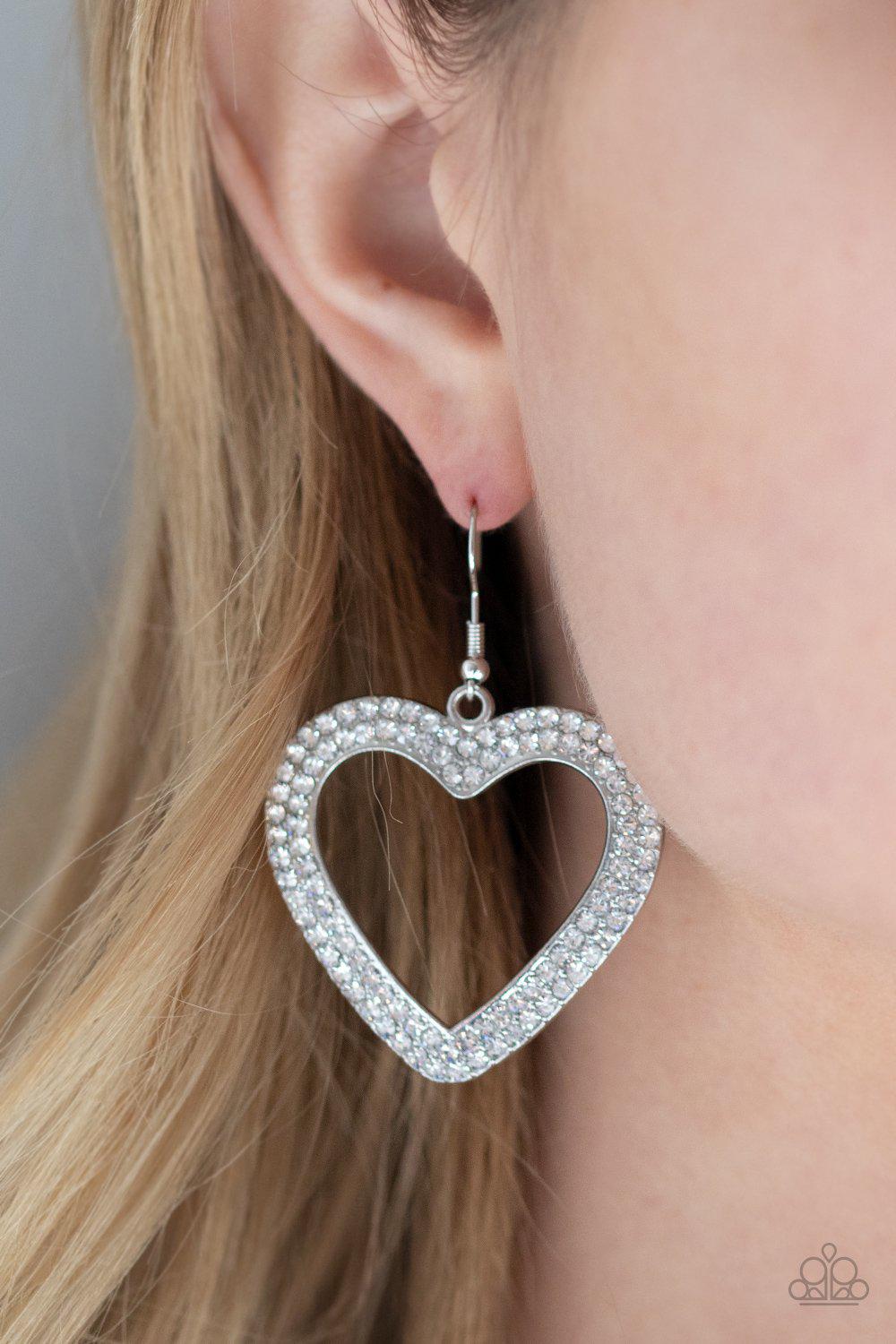 GLISTEN To Your Heart Silver and White Rhinestone Heart Earrings - Paparazzi Accessories- lightbox - CarasShop.com - Paparazzi Jewelry by Cara Jewels
